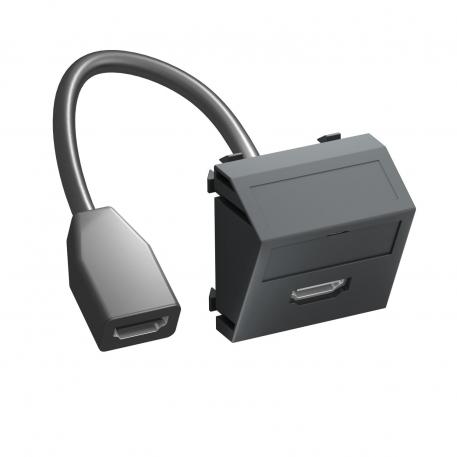 Toma HDMI, 1 módulo, salida transversal, con cable de conexión negro grisáceo; RAL 7021
