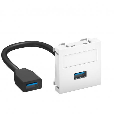 Toma USB 2.0/3.0, 1 módulo, salida recta, con cable de conexión blanco puro; RAL 9010