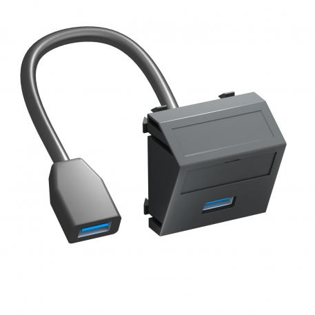Toma USB 2.0/3.0, 1 módulo, salida transversal, con cable de conexión negro grisáceo; RAL 7021
