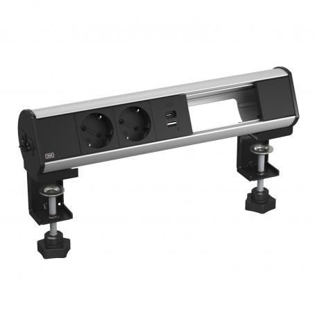 Deskbox with fastening clamp, 2 VDE sockets, USB Charger 